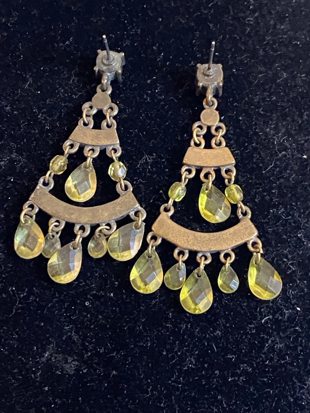 Vintage Yellow Green Teardrop Chandelier Earrings with Crystal Accents